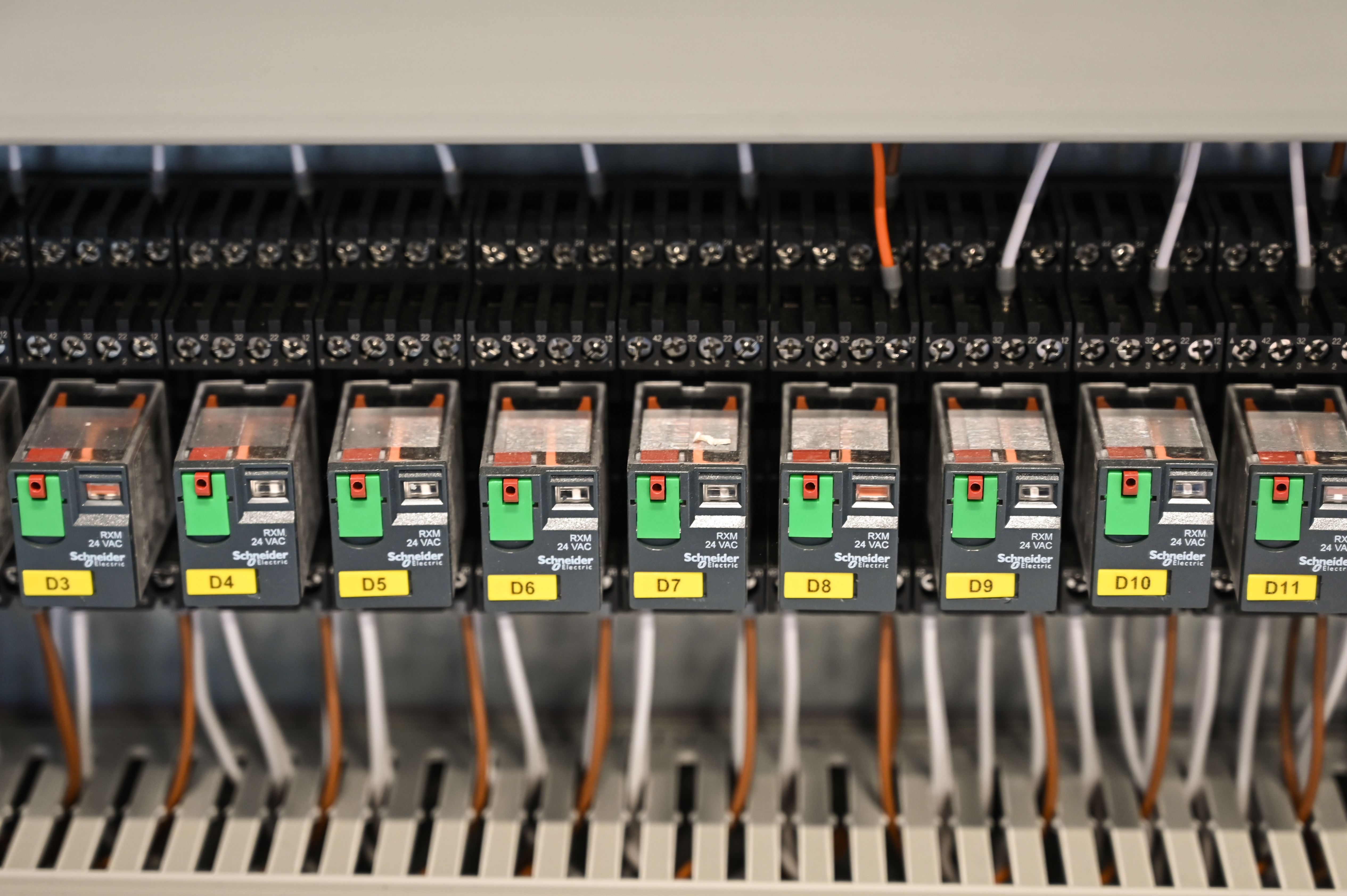Labeled relay panel used to diagnose control and infrastructure faults